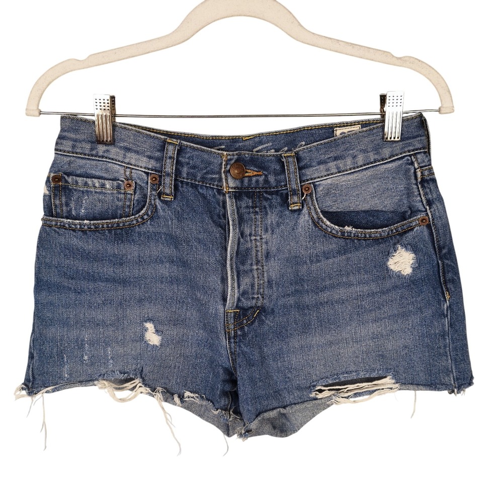 Free People We The Free Distressed Denim Cut Off Shorts Blue Button Fly Size 27